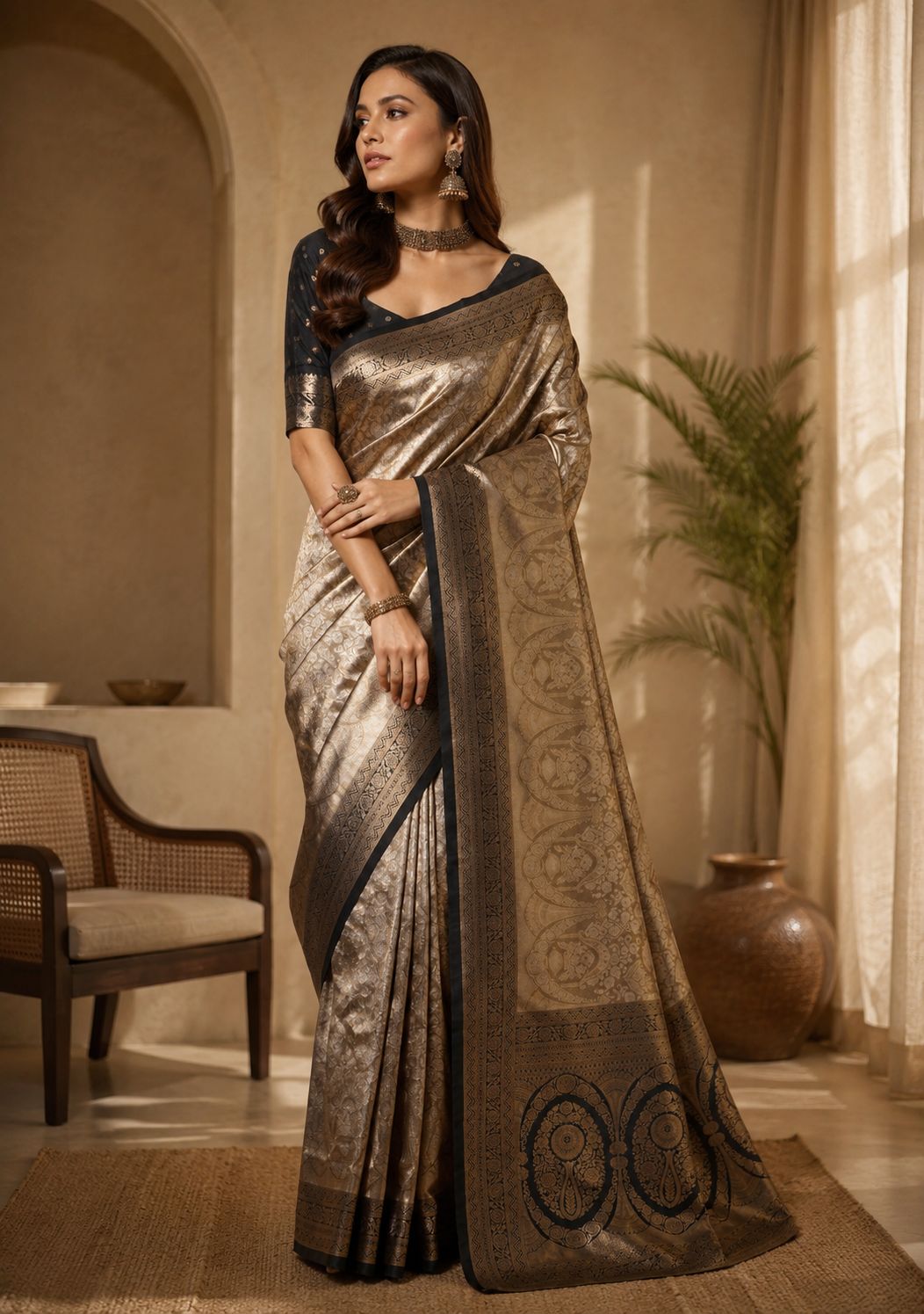 Royal Champagne Gold Brocade Soft Silk Saree with Black Zari Weaving & Blouse Piece