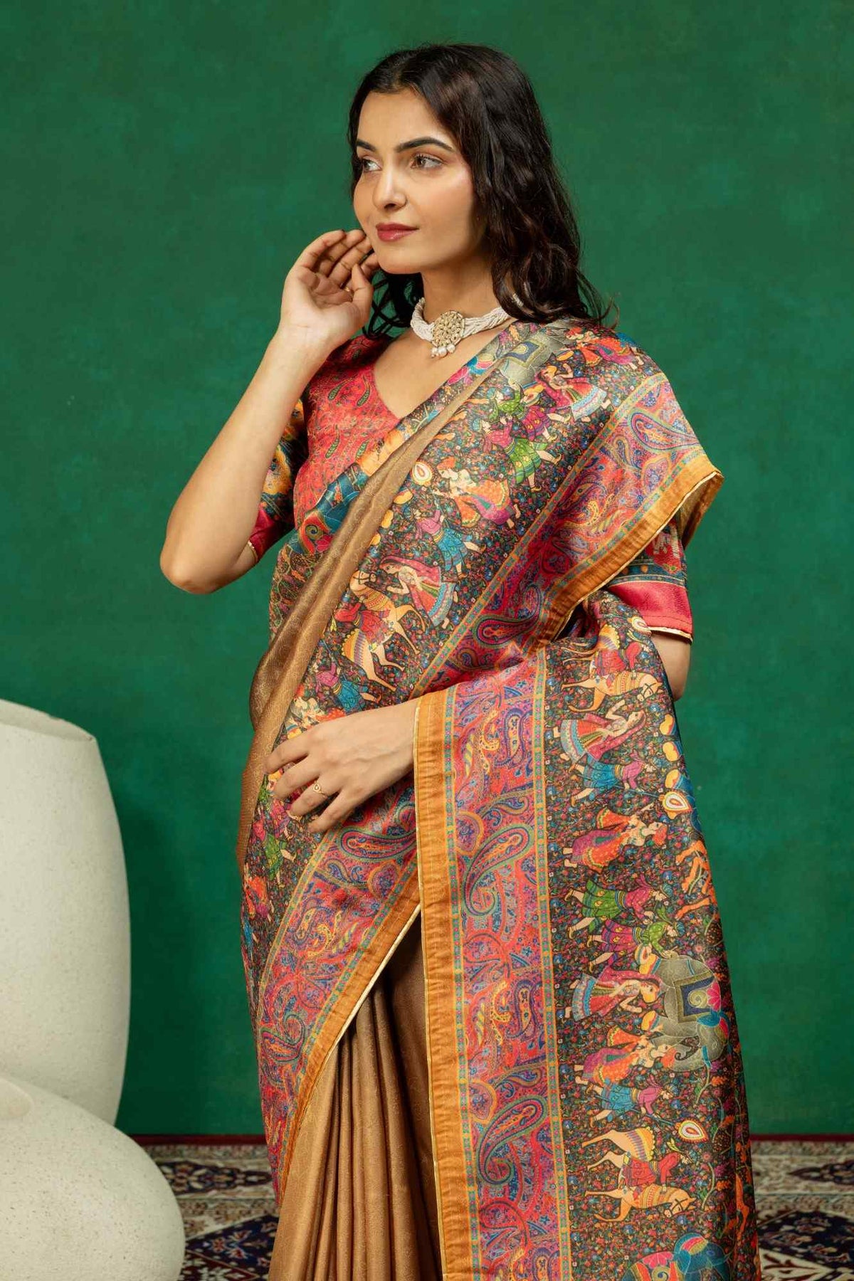 Antique Gold & Bronze Royal Baarat Heritage Digital Print Dola Silk Saree with Contrast Blouse Piece