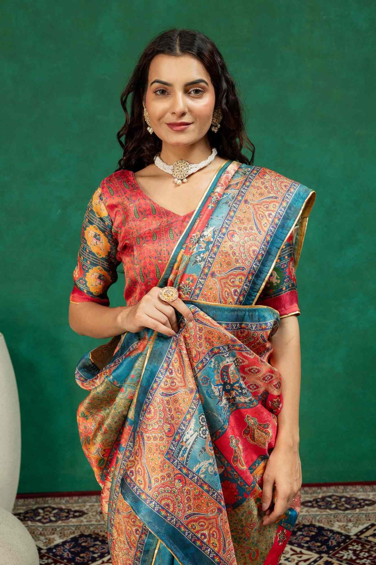 Vintage Heritage Floral & Paisley Digital Print Silk Saree with Zari Piping Border