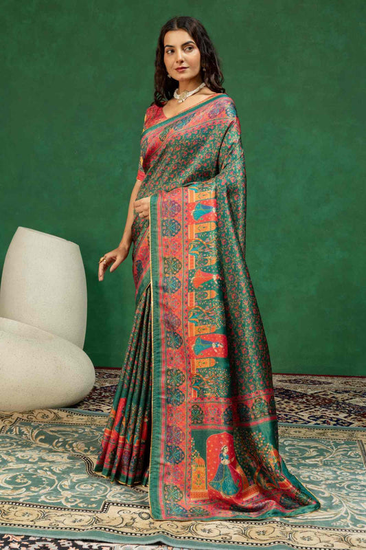 Premium Bottle Green Heritage Pichwai Print Silk Saree with Elegant Zari Border
