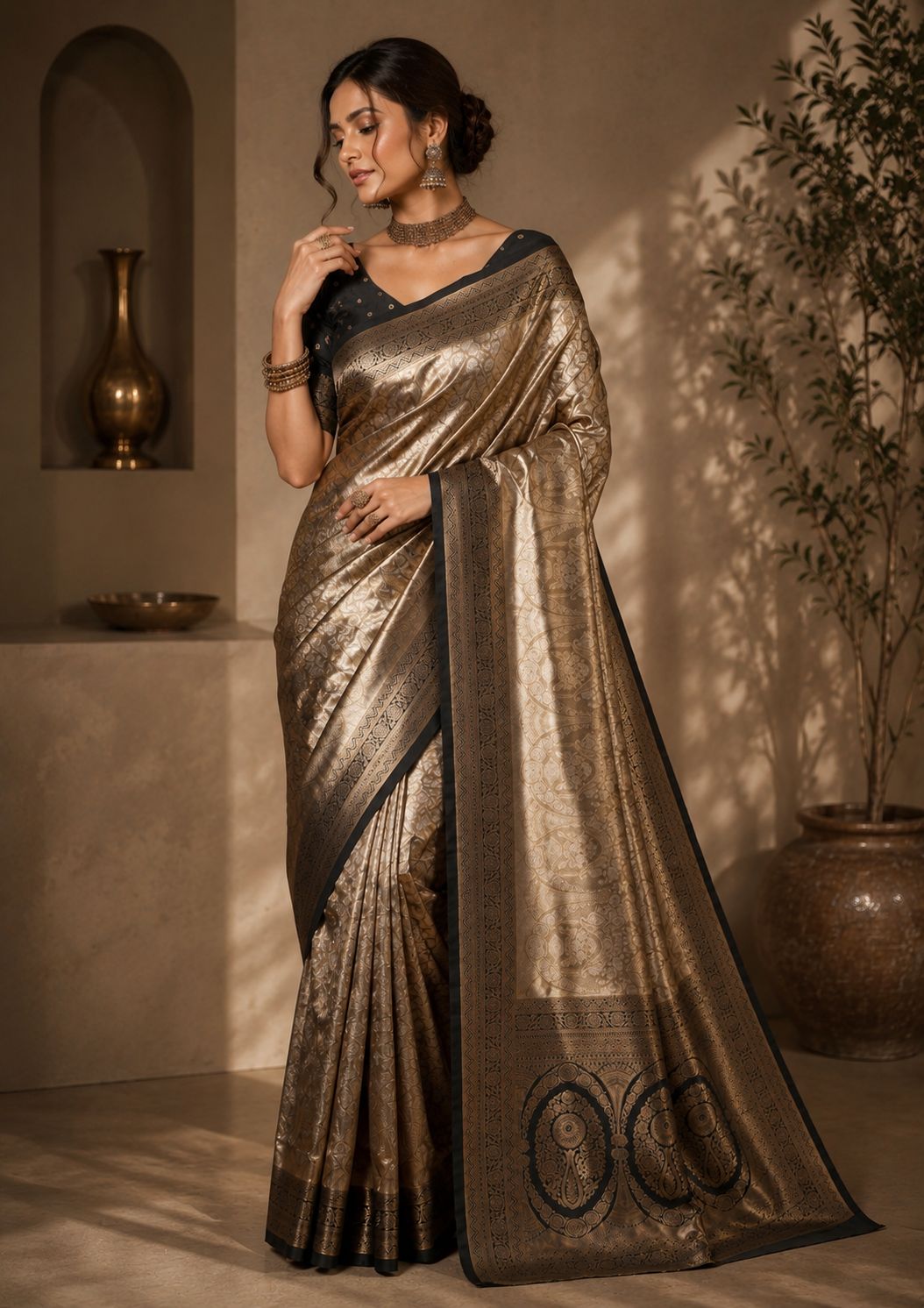 Royal Champagne Gold Brocade Soft Silk Saree with Black Zari Weaving & Blouse Piece