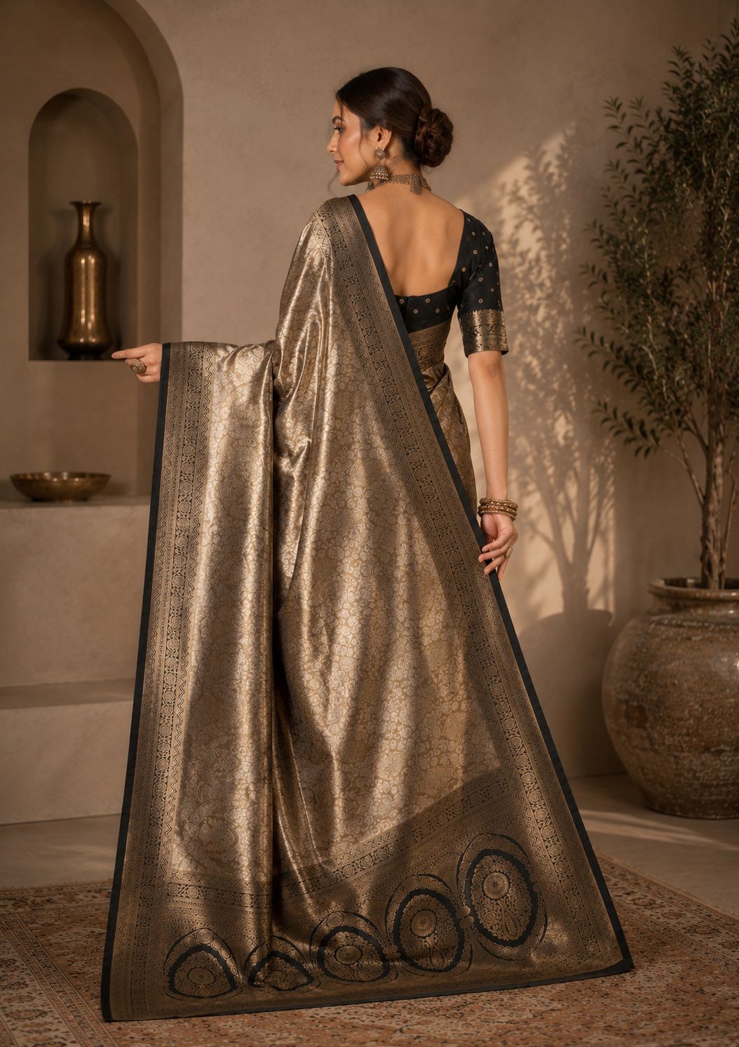 Royal Champagne Gold Brocade Soft Silk Saree with Black Zari Weaving & Blouse Piece