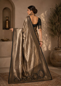 Royal Champagne Gold Brocade Soft Silk Saree with Black Zari Weaving & Blouse Piece