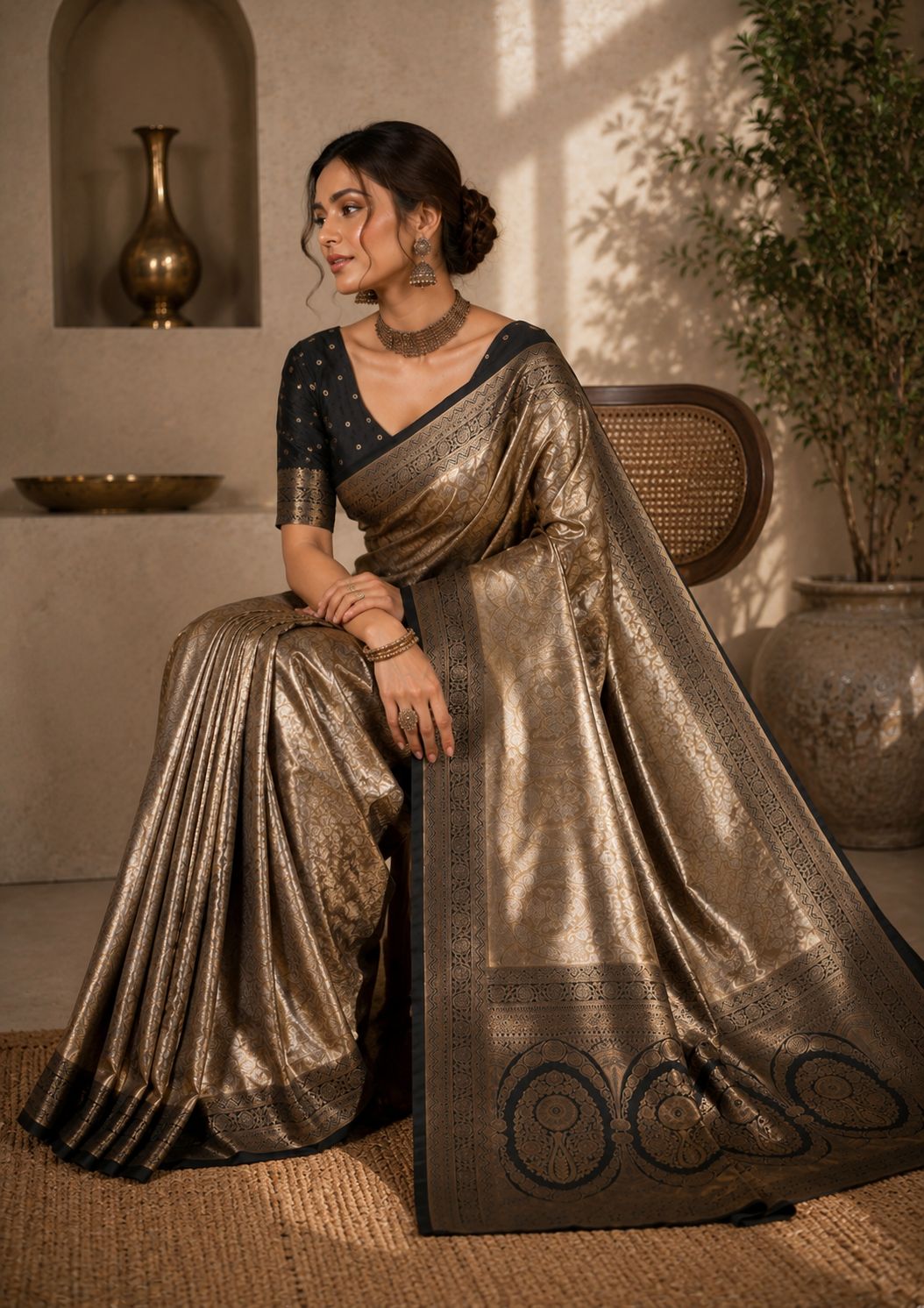 Royal Champagne Gold Brocade Soft Silk Saree with Black Zari Weaving & Blouse Piece