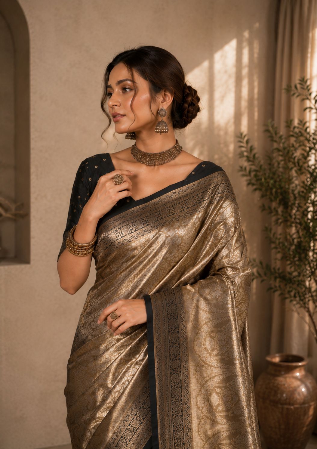 Royal Champagne Gold Brocade Soft Silk Saree with Black Zari Weaving & Blouse Piece