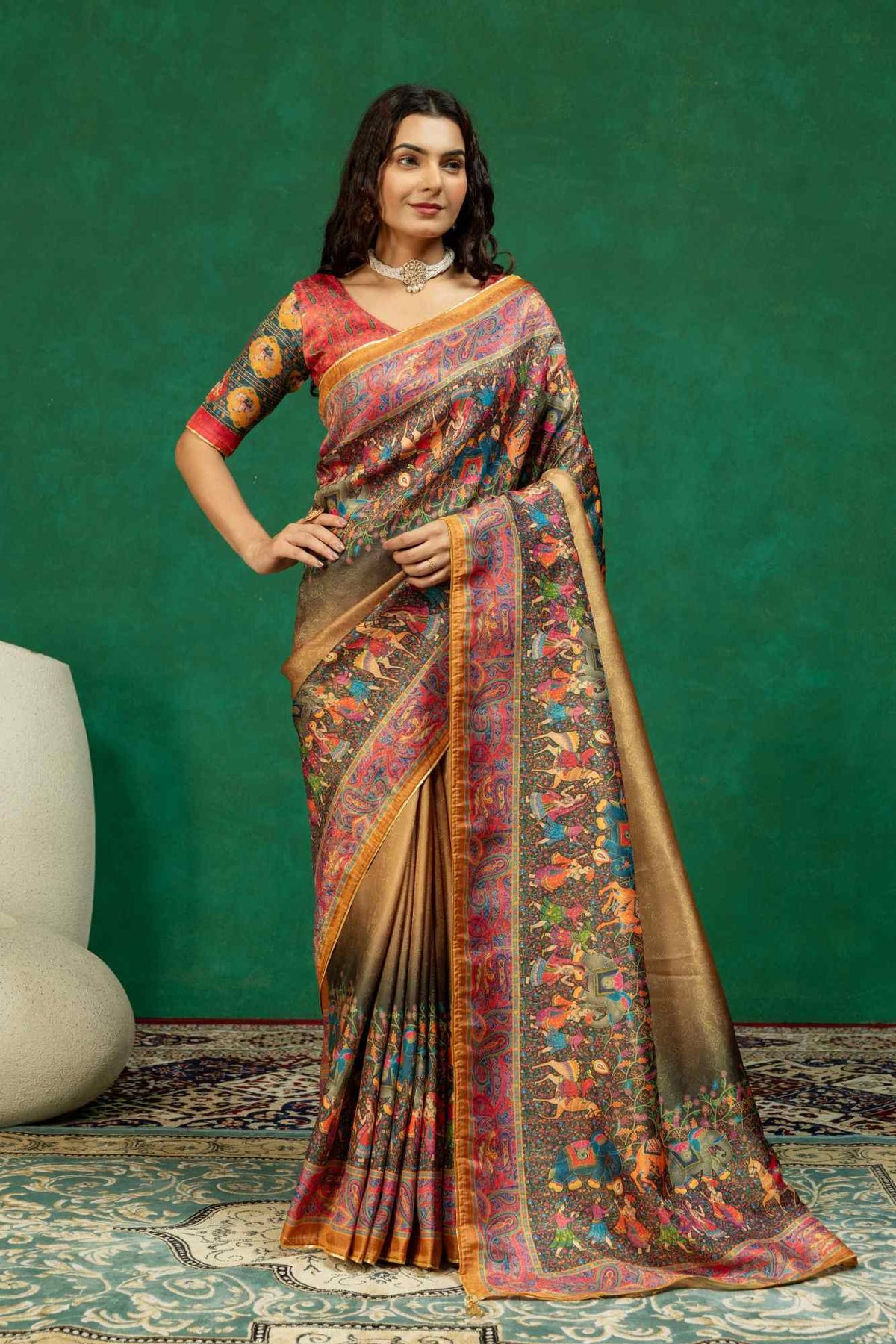 Antique Gold & Bronze Royal Baarat Heritage Digital Print Dola Silk Saree with Contrast Blouse Piece