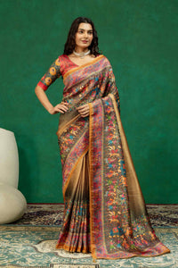 Antique Gold & Bronze Royal Baarat Heritage Digital Print Dola Silk Saree with Contrast Blouse Piece