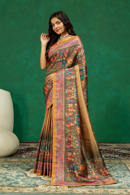 Antique Gold & Bronze Royal Baarat Heritage Digital Print Dola Silk Saree with Contrast Blouse Piece