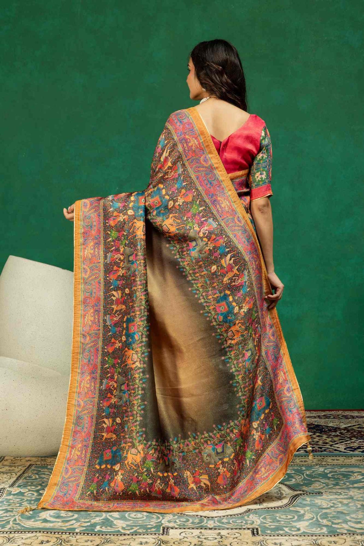 Antique Gold & Bronze Royal Baarat Heritage Digital Print Dola Silk Saree with Contrast Blouse Piece