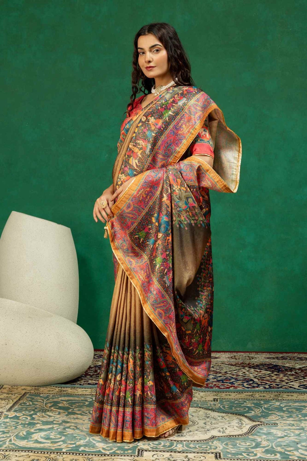 Antique Gold & Bronze Royal Baarat Heritage Digital Print Dola Silk Saree with Contrast Blouse Piece