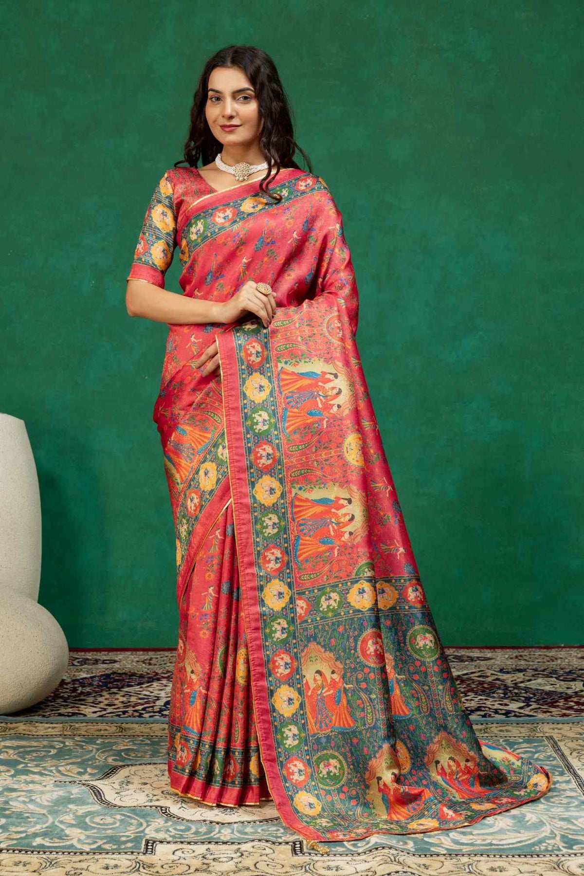 Traditional Rani Pink Heritage Figurine Digital Print Silk Saree with Zari Border