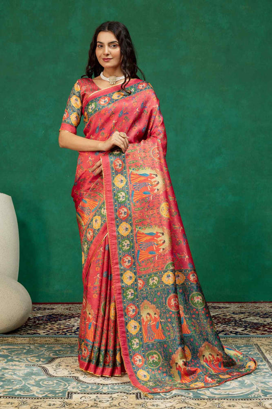 Traditional Rani Pink Heritage Figurine Digital Print Silk Saree with Zari Border