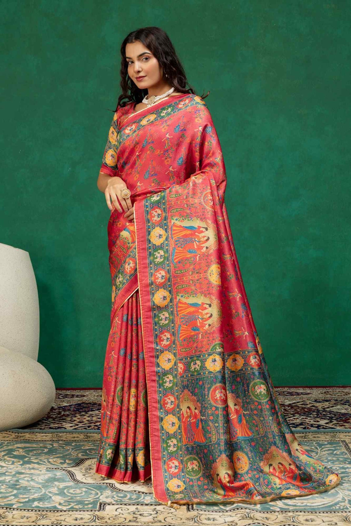 Traditional Rani Pink Heritage Figurine Digital Print Silk Saree with Zari Border