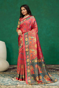 Traditional Rani Pink Heritage Figurine Digital Print Silk Saree with Zari Border
