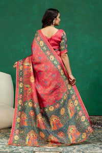 Traditional Rani Pink Heritage Figurine Digital Print Silk Saree with Zari Border