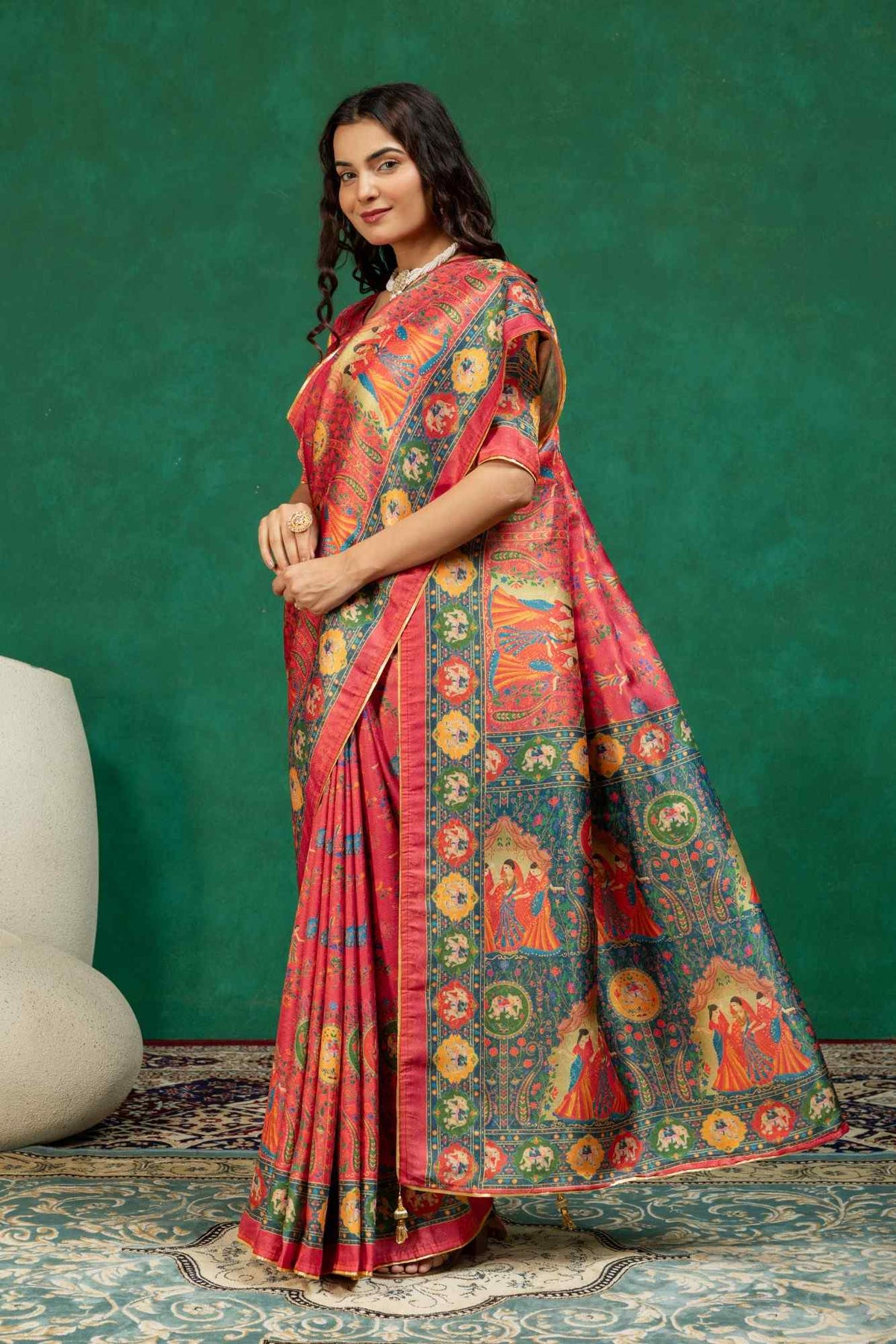Traditional Rani Pink Heritage Figurine Digital Print Silk Saree with Zari Border
