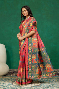 Traditional Rani Pink Heritage Figurine Digital Print Silk Saree with Zari Border