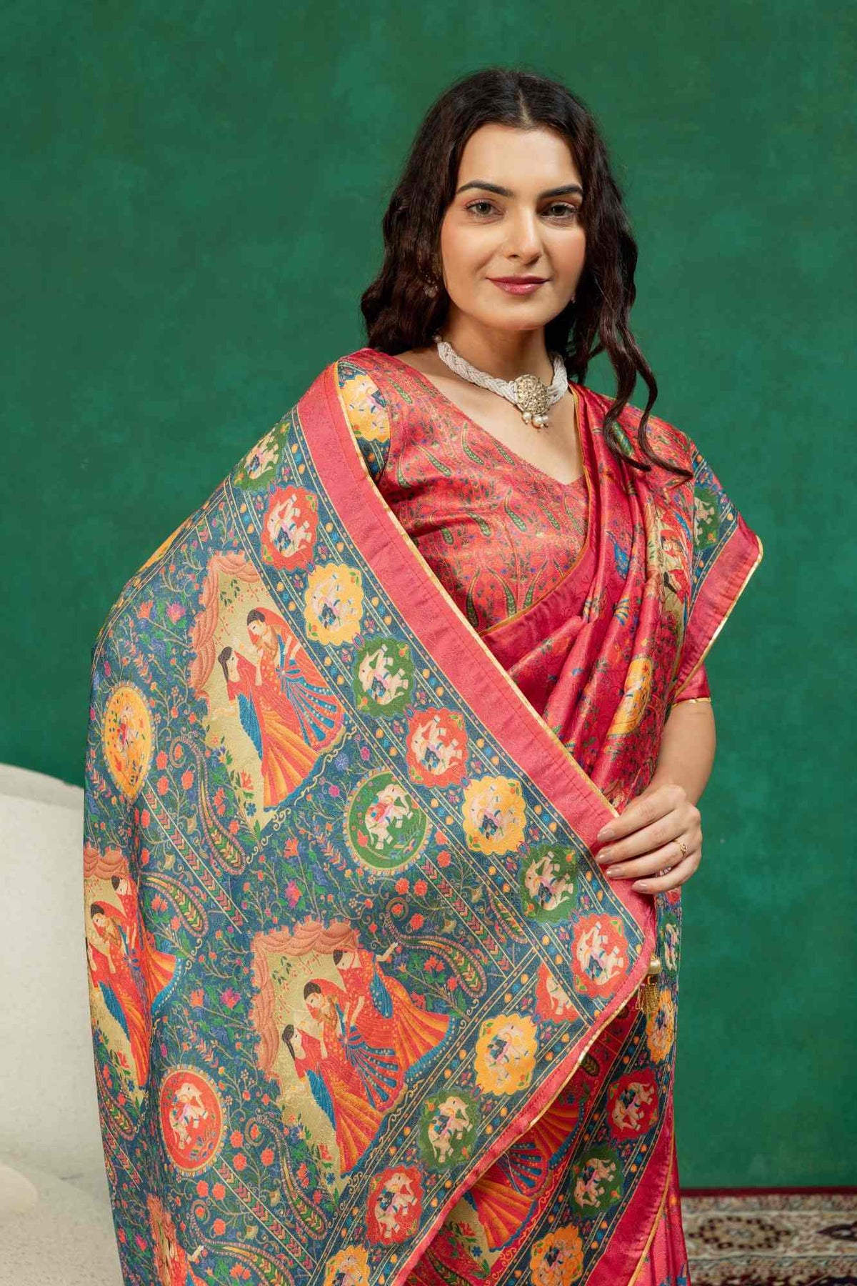 Traditional Rani Pink Heritage Figurine Digital Print Silk Saree with Zari Border