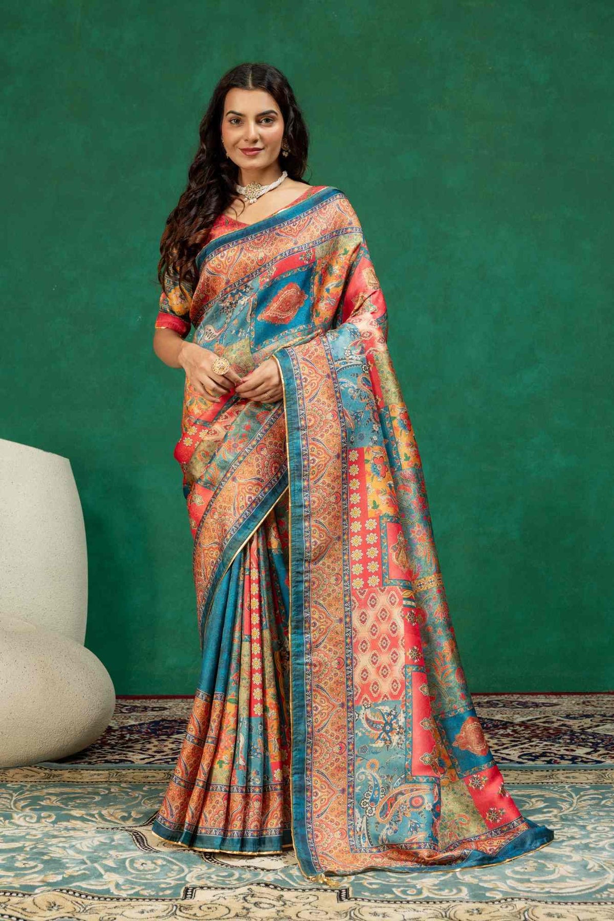 Vintage Heritage Floral & Paisley Digital Print Silk Saree with Zari Piping Border