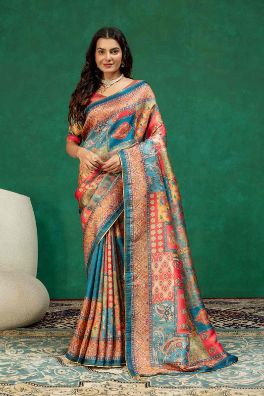 Vintage Heritage Floral & Paisley Digital Print Silk Saree with Zari Piping Border
