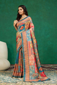 Vintage Heritage Floral & Paisley Digital Print Silk Saree with Zari Piping Border