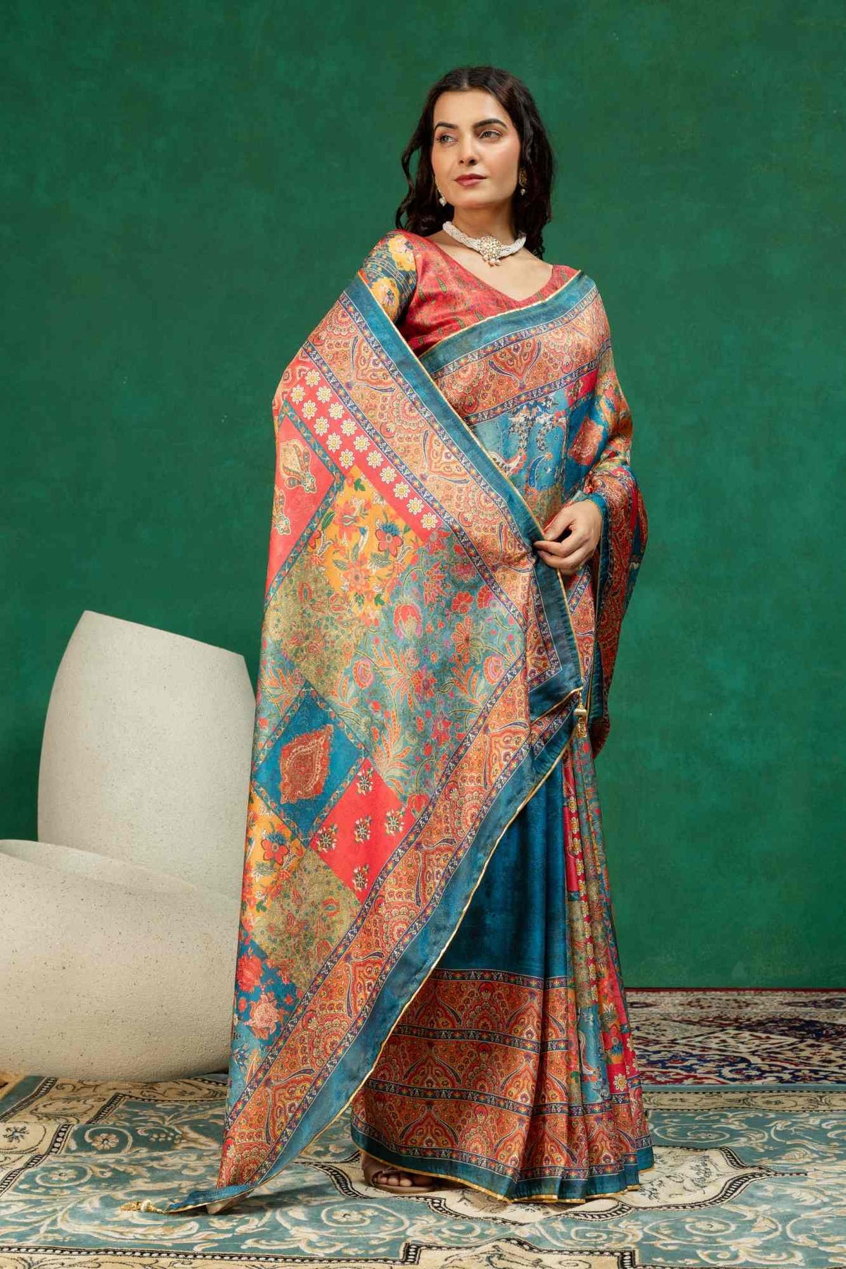 Vintage Heritage Floral & Paisley Digital Print Silk Saree with Zari Piping Border