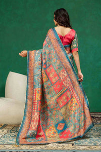 Vintage Heritage Floral & Paisley Digital Print Silk Saree with Zari Piping Border