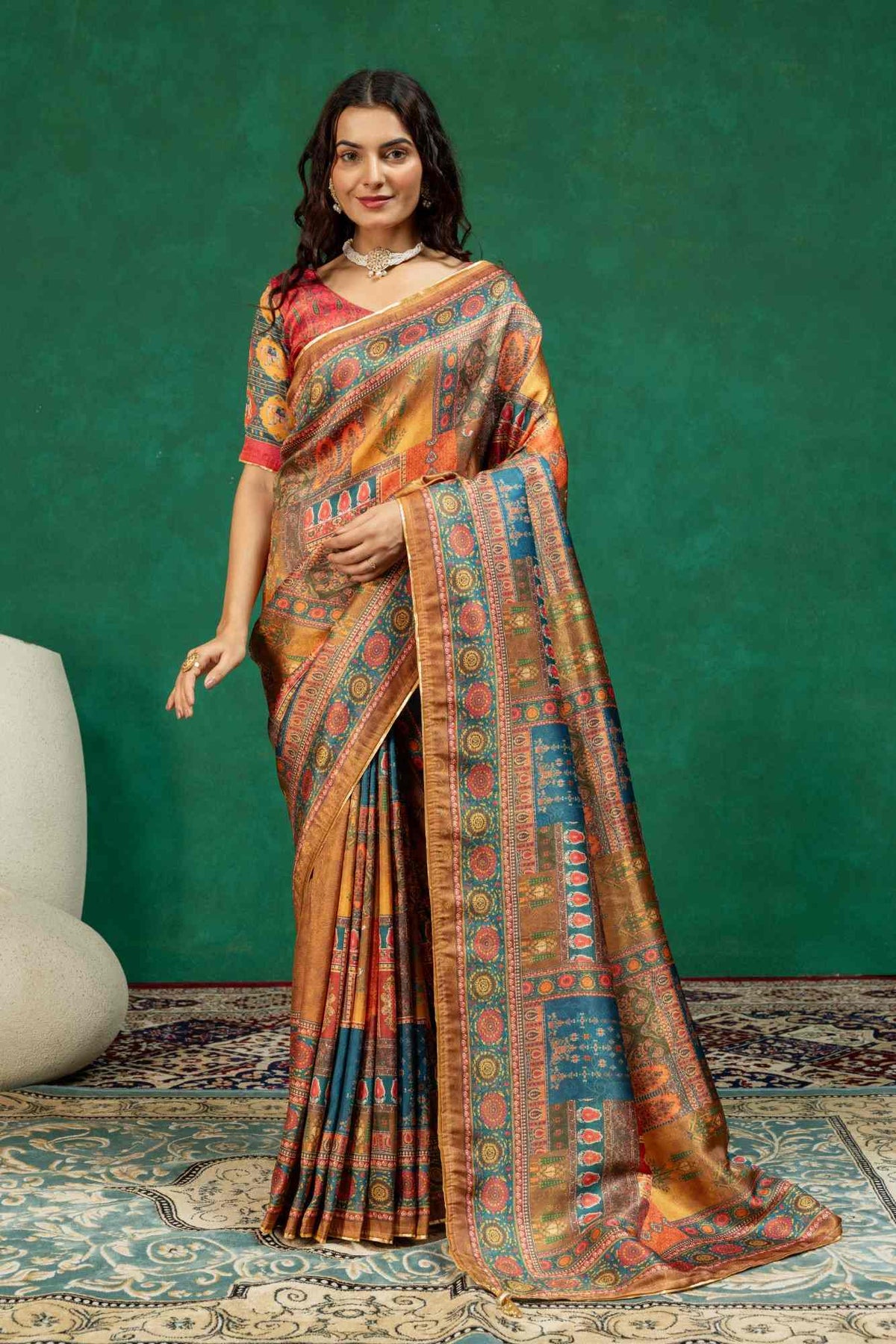 Mustard Gold & Indigo Blue Ajrakh Block Print Dola Silk Saree with Contrast Blouse