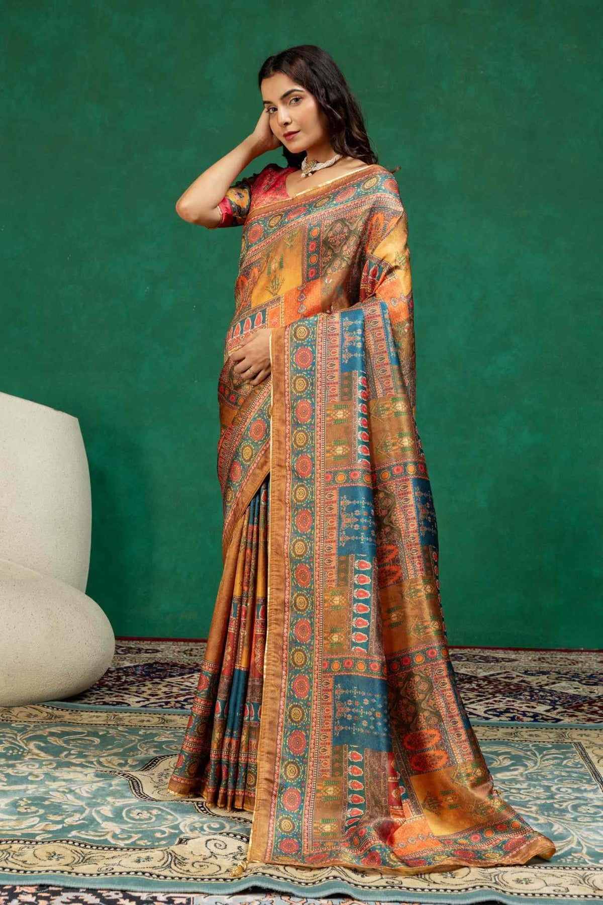 Mustard Gold & Indigo Blue Ajrakh Block Print Dola Silk Saree with Contrast Blouse