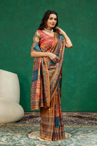Mustard Gold & Indigo Blue Ajrakh Block Print Dola Silk Saree with Contrast Blouse