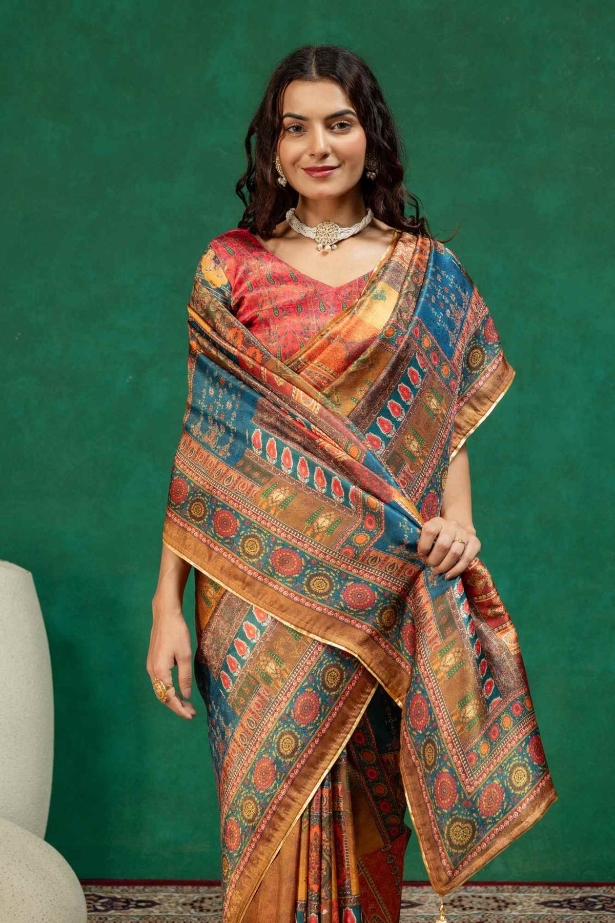 Mustard Gold & Indigo Blue Ajrakh Block Print Dola Silk Saree with Contrast Blouse