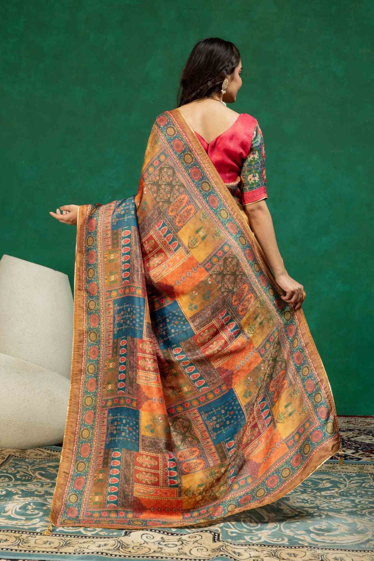 Mustard Gold & Indigo Blue Ajrakh Block Print Dola Silk Saree with Contrast Blouse