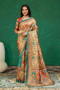 Traditional Vintage Courtyard Art & Elephant Print Silk Saree with Teal Green Border