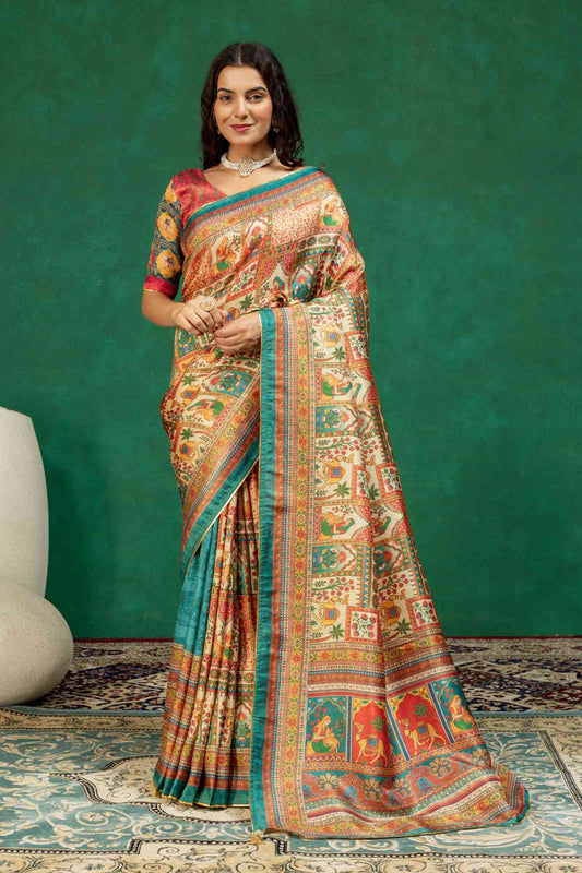 Traditional Vintage Courtyard Art & Elephant Print Silk Saree with Teal Green Border