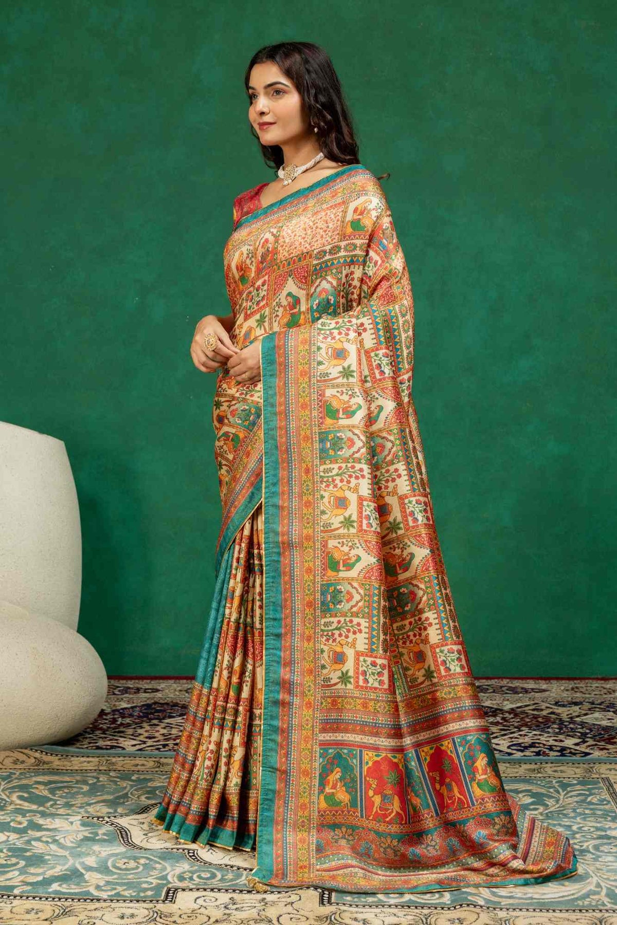 Traditional Vintage Courtyard Art & Elephant Print Silk Saree with Teal Green Border