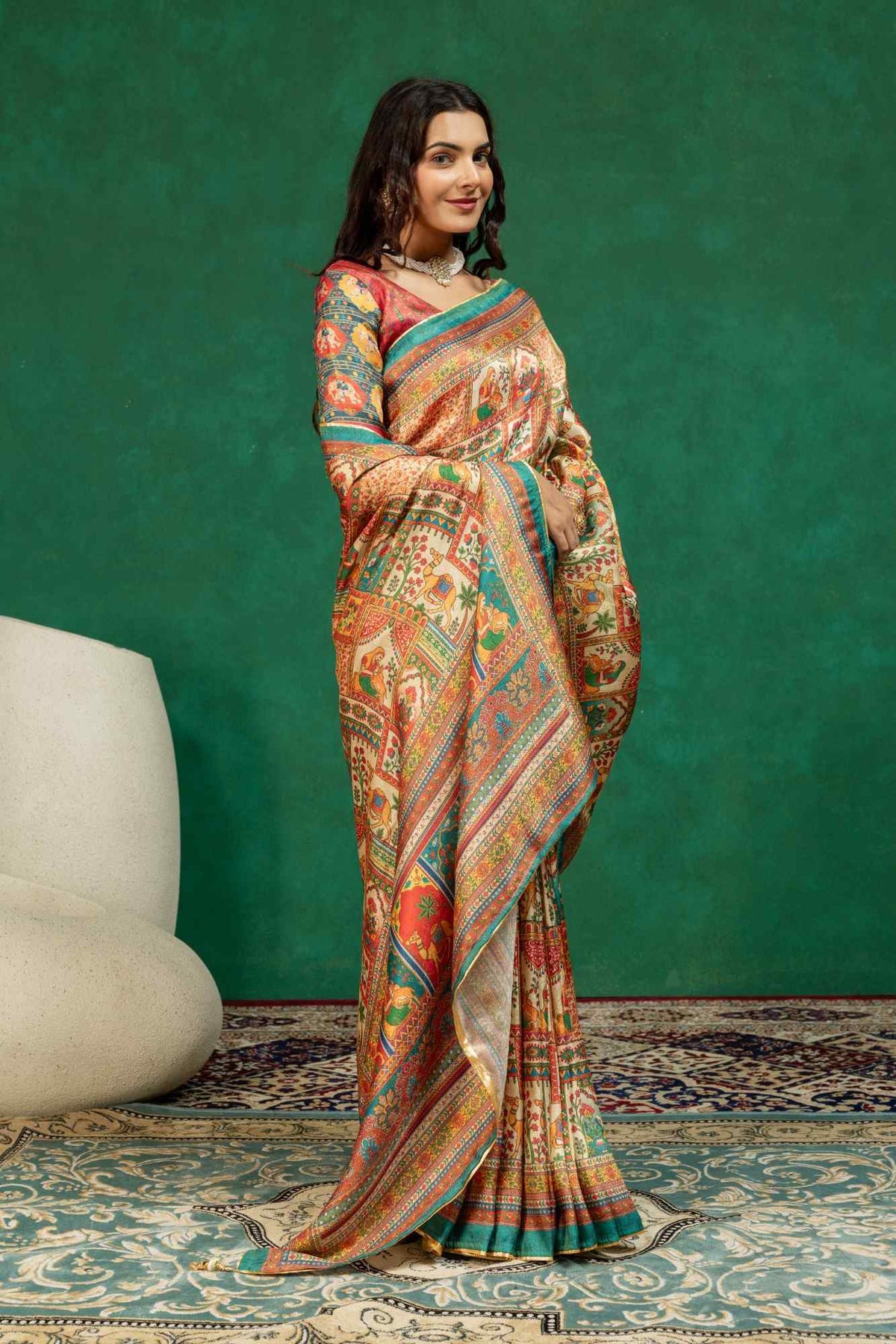 Traditional Vintage Courtyard Art & Elephant Print Silk Saree with Teal Green Border