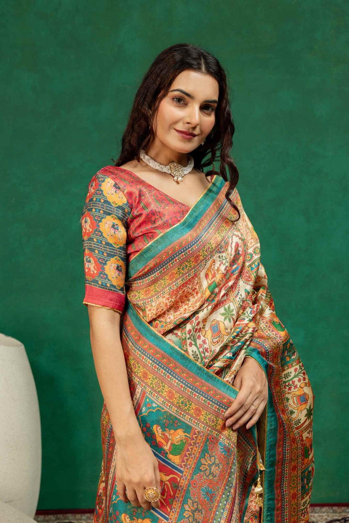 Traditional Vintage Courtyard Art & Elephant Print Silk Saree with Teal Green Border