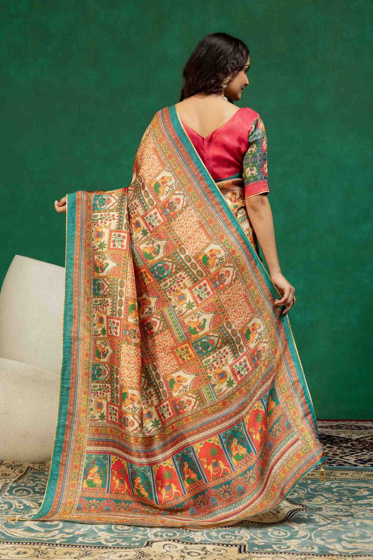 Traditional Vintage Courtyard Art & Elephant Print Silk Saree with Teal Green Border
