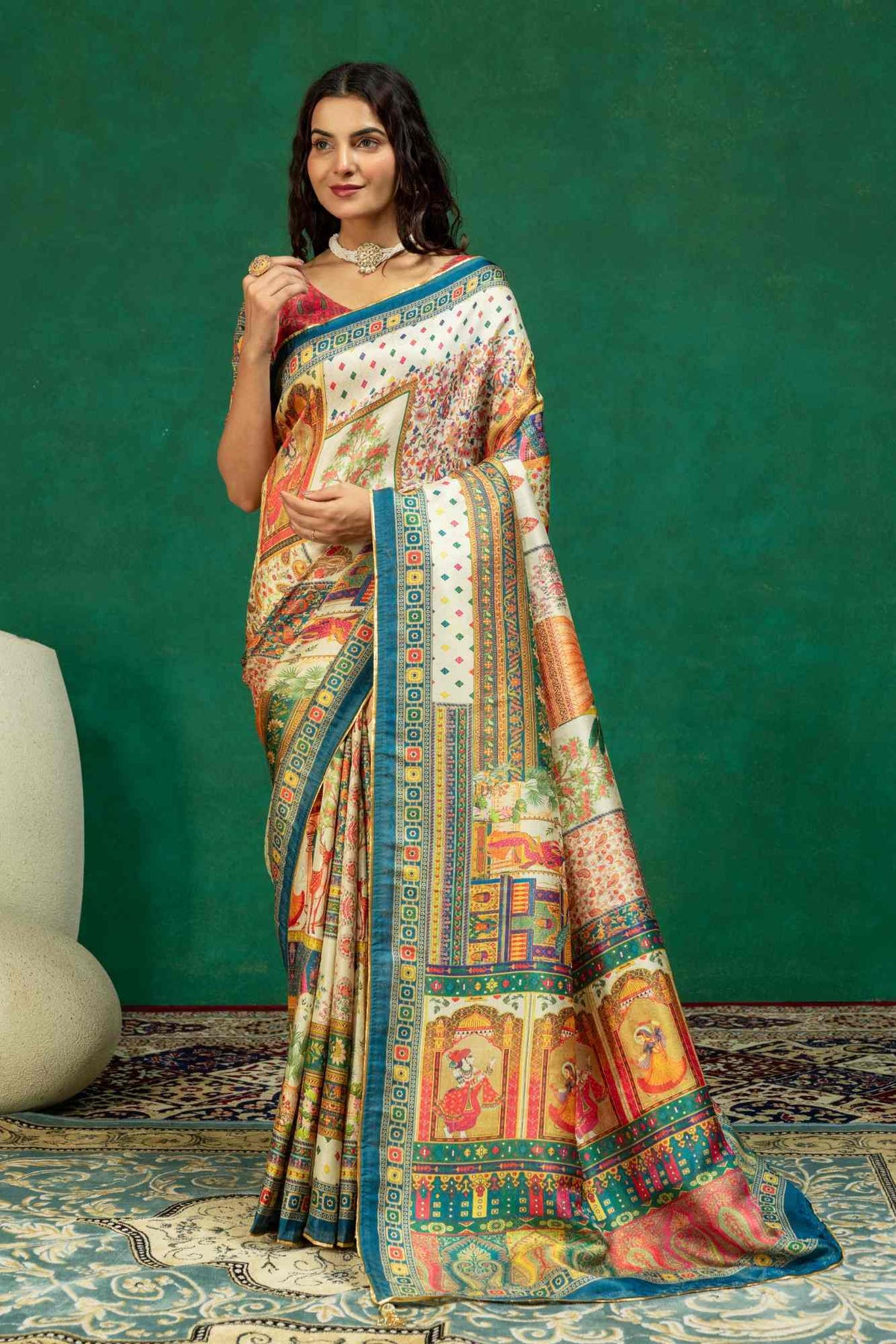 Off-White & Peacock Blue Pichwai Courtyard Print Dola Silk Saree with Contrast Blouse