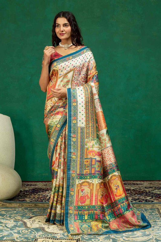 Off-White & Peacock Blue Pichwai Courtyard Print Dola Silk Saree with Contrast Blouse