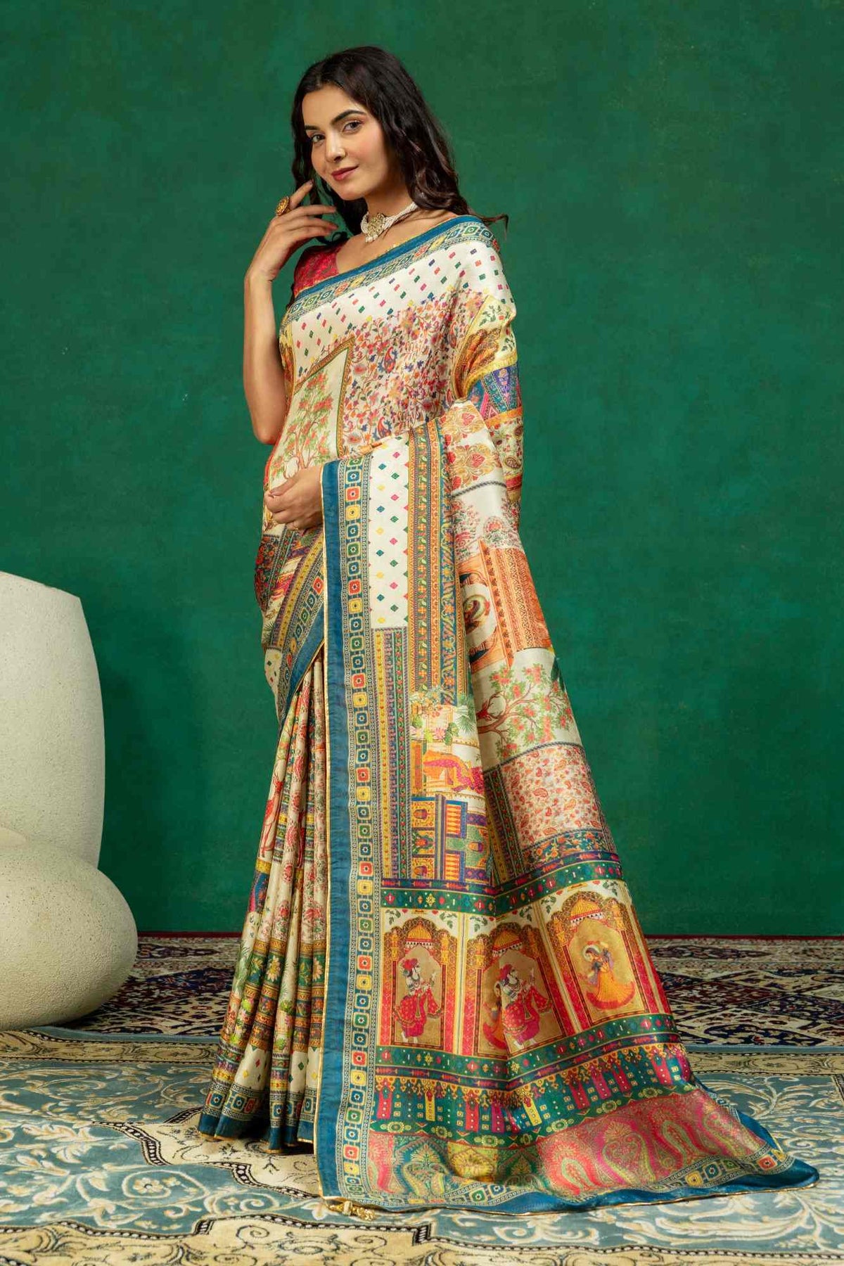 Off-White & Peacock Blue Pichwai Courtyard Print Dola Silk Saree with Contrast Blouse