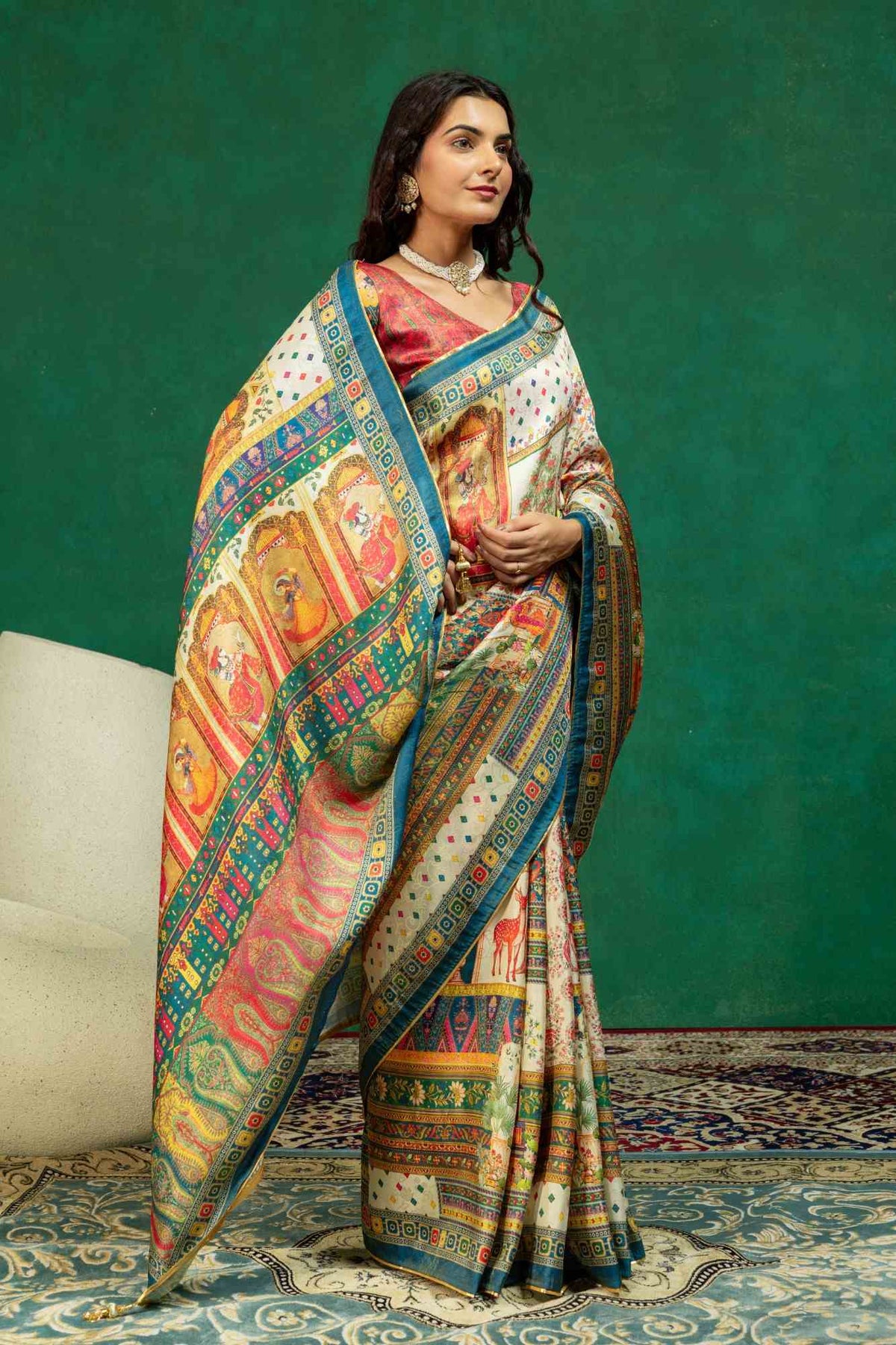 Off-White & Peacock Blue Pichwai Courtyard Print Dola Silk Saree with Contrast Blouse