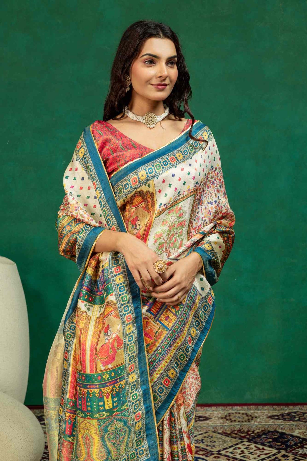 Off-White & Peacock Blue Pichwai Courtyard Print Dola Silk Saree with Contrast Blouse