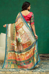 Off-White & Peacock Blue Pichwai Courtyard Print Dola Silk Saree with Contrast Blouse