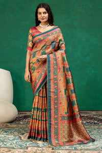 Teal Blue & Rust Orange Mosaic Block Print Dola Silk Saree with Printed Blouse