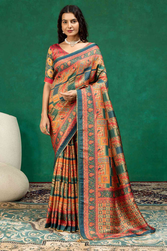 Teal Blue & Rust Orange Mosaic Block Print Dola Silk Saree with Printed Blouse