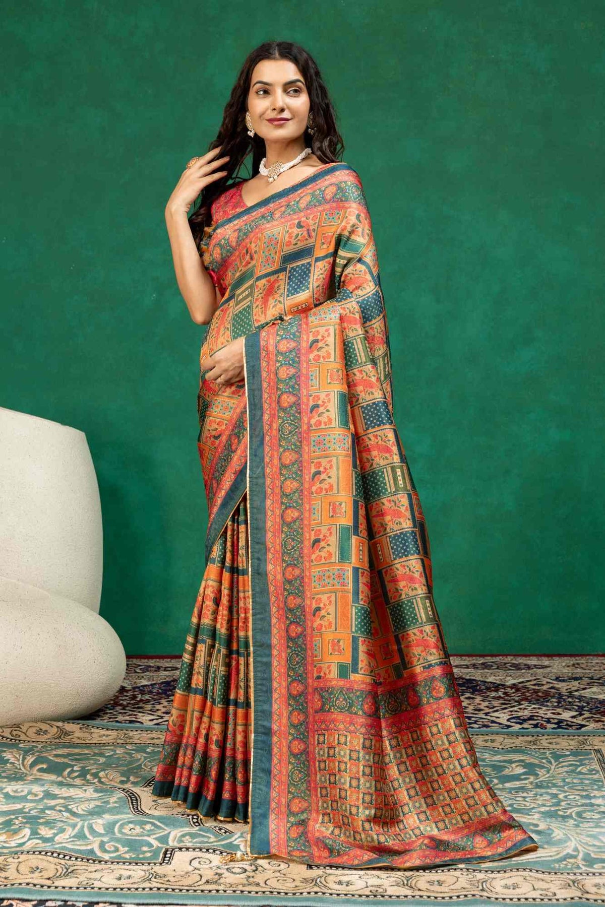 Teal Blue & Rust Orange Mosaic Block Print Dola Silk Saree with Printed Blouse