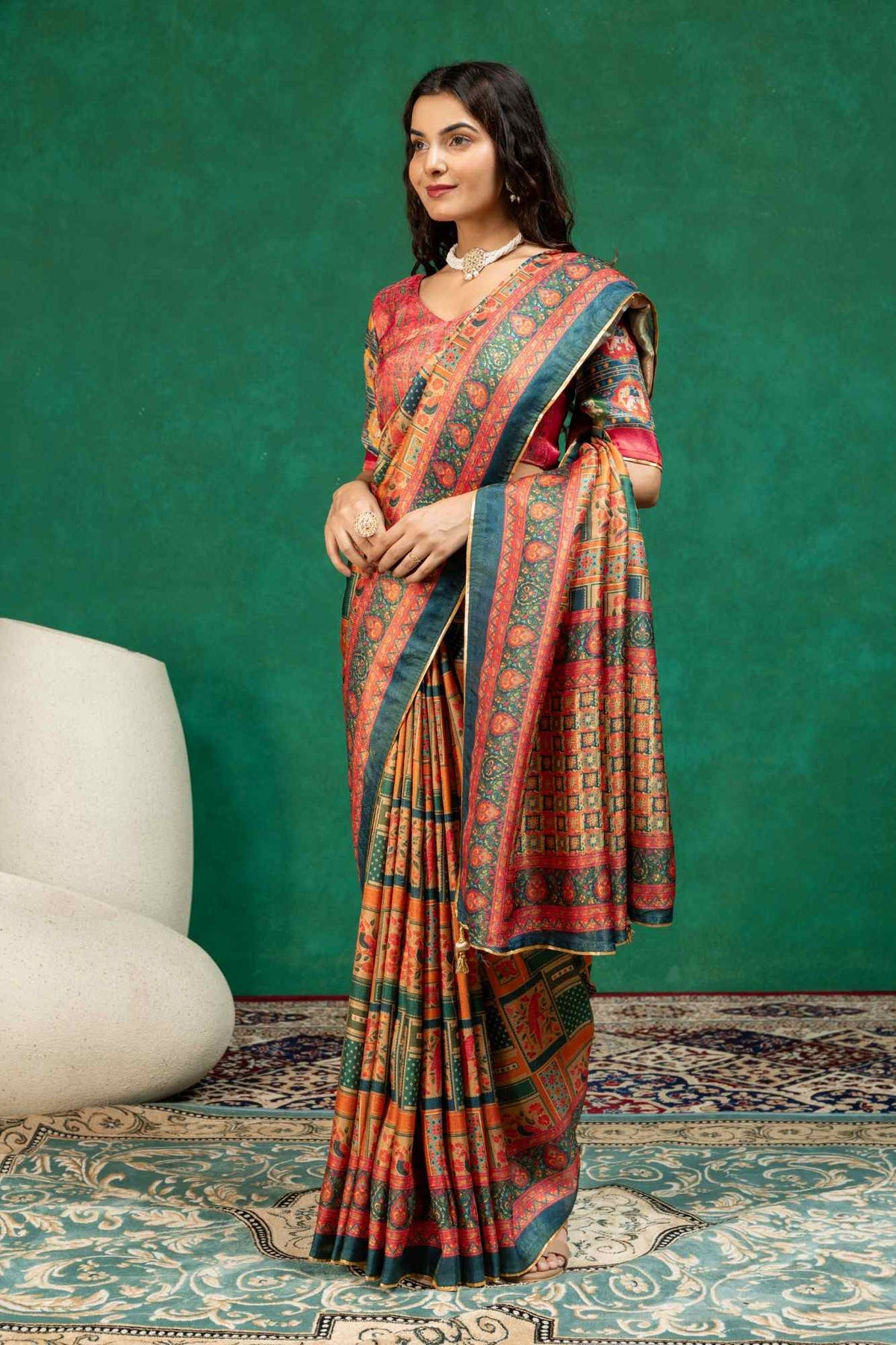 Teal Blue & Rust Orange Mosaic Block Print Dola Silk Saree with Printed Blouse
