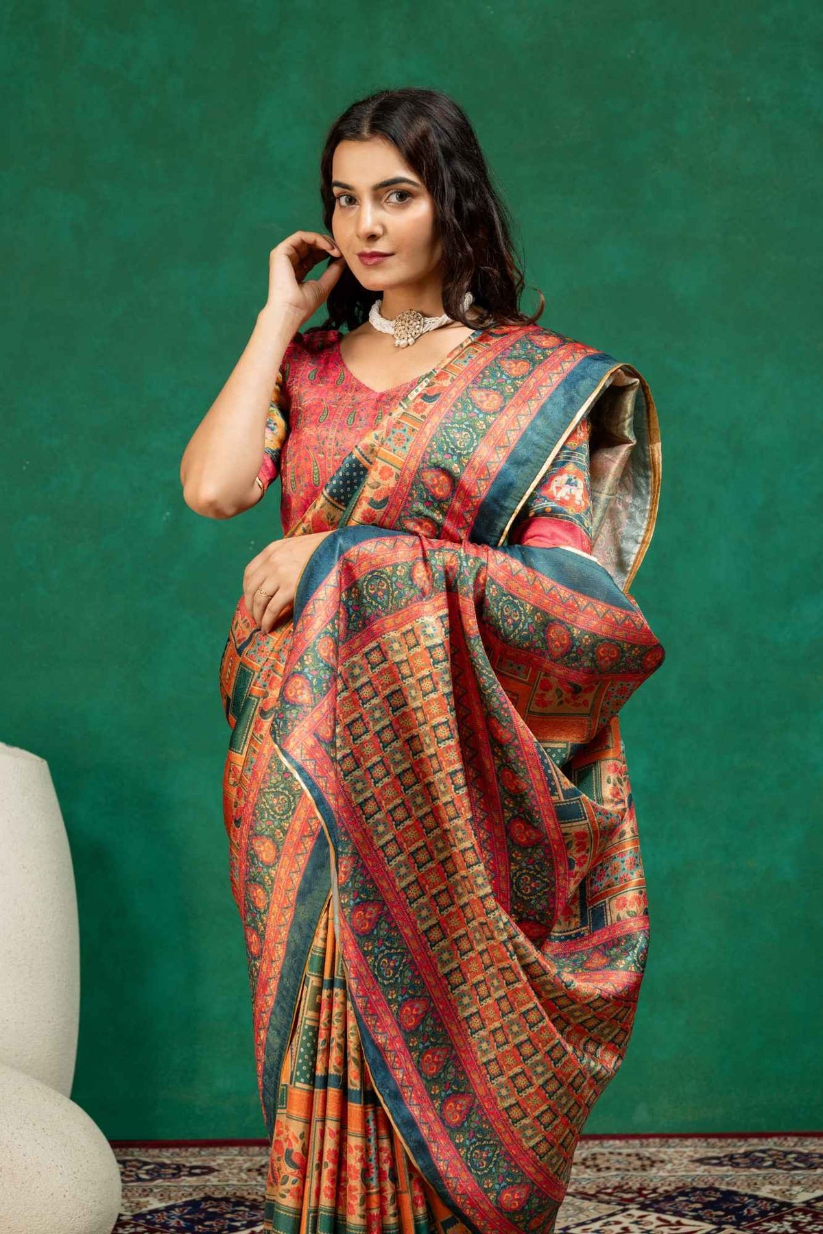 Teal Blue & Rust Orange Mosaic Block Print Dola Silk Saree with Printed Blouse