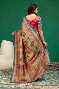 Teal Blue & Rust Orange Mosaic Block Print Dola Silk Saree with Printed Blouse